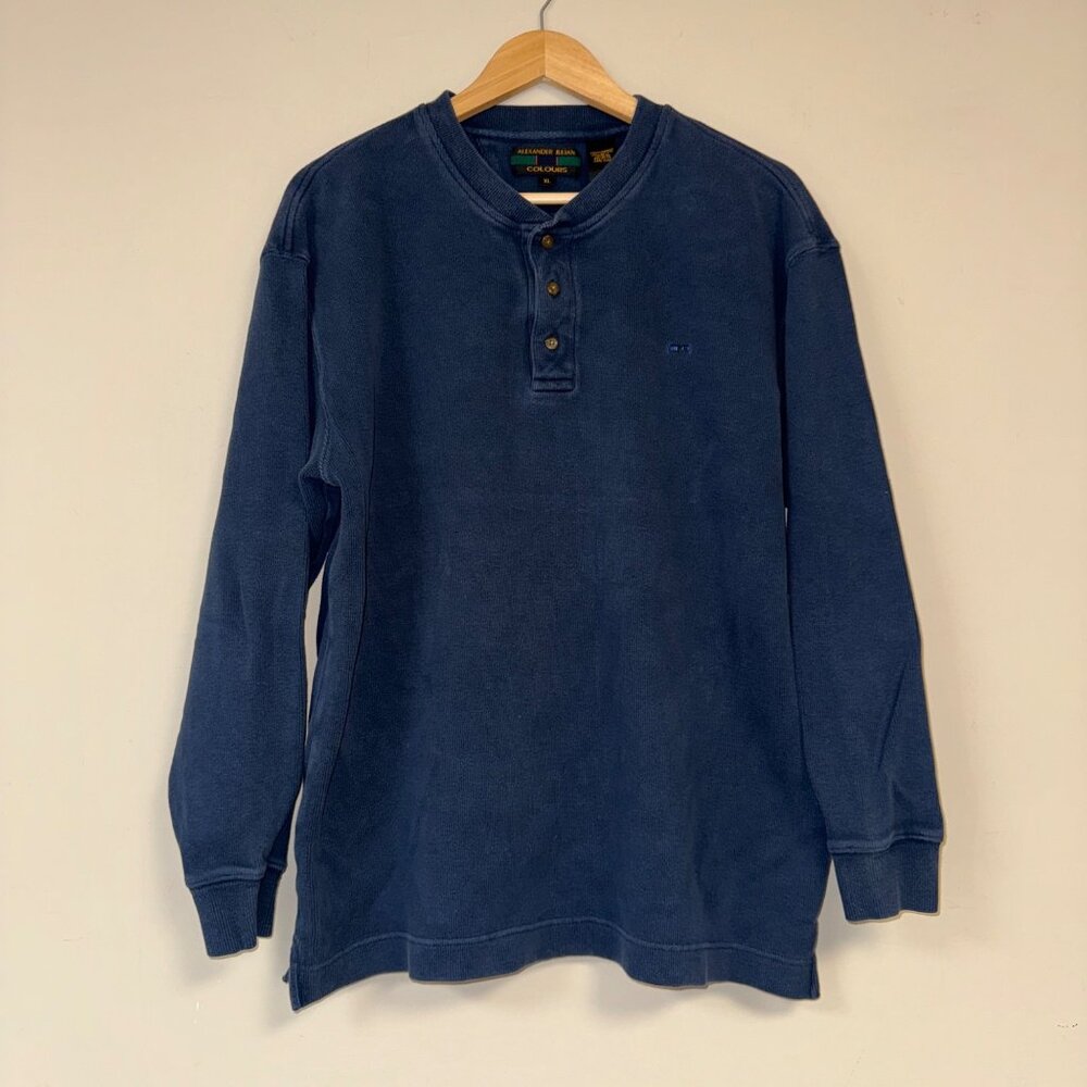 Vintage Alexander Julian Colours Mens Long Sleeve Henley Shirt Navy Blue XL Cott